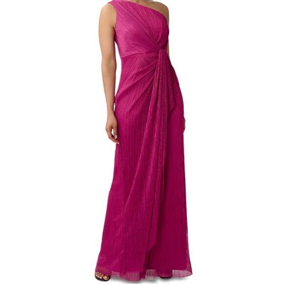 ADRIANNA PAPELL Magenta One Shoulder Shimmer Metallic Gown Twist NWT $248 - Picture 2 of 6